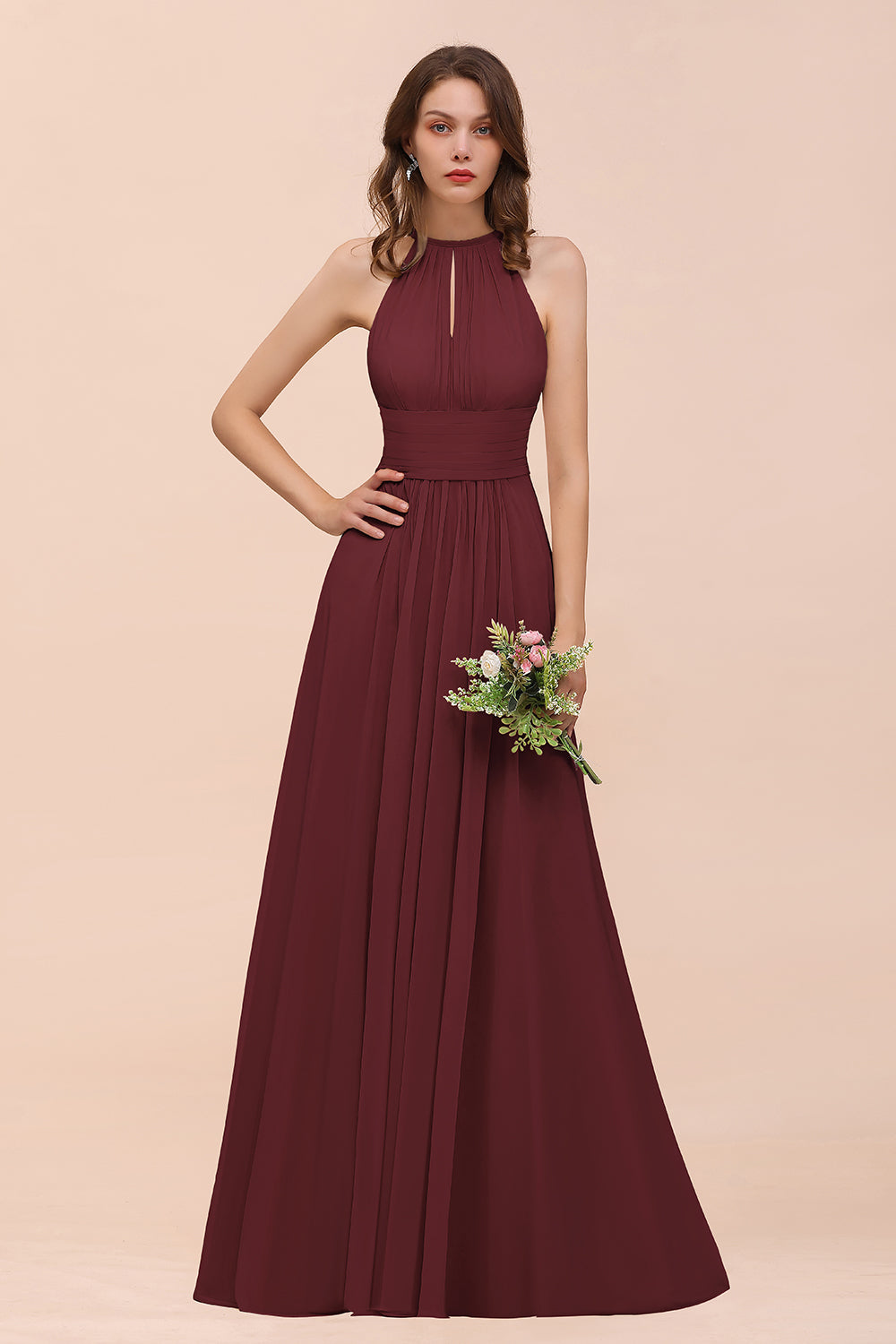 Elegant Chiffon Jewel Ruffle Champagne Affordable Bridesmaid Dresses - Fashionpara