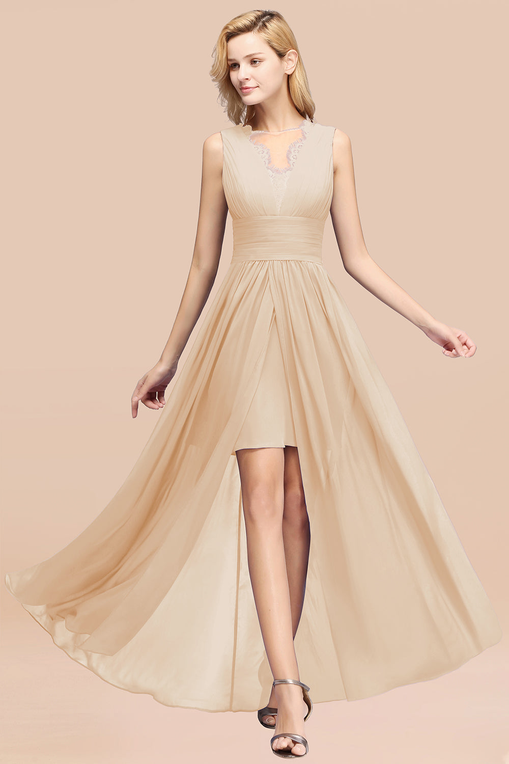 Elegant Chiffon Lace Jewel Sleeveless Bridesmaid Dresses with Ruffle