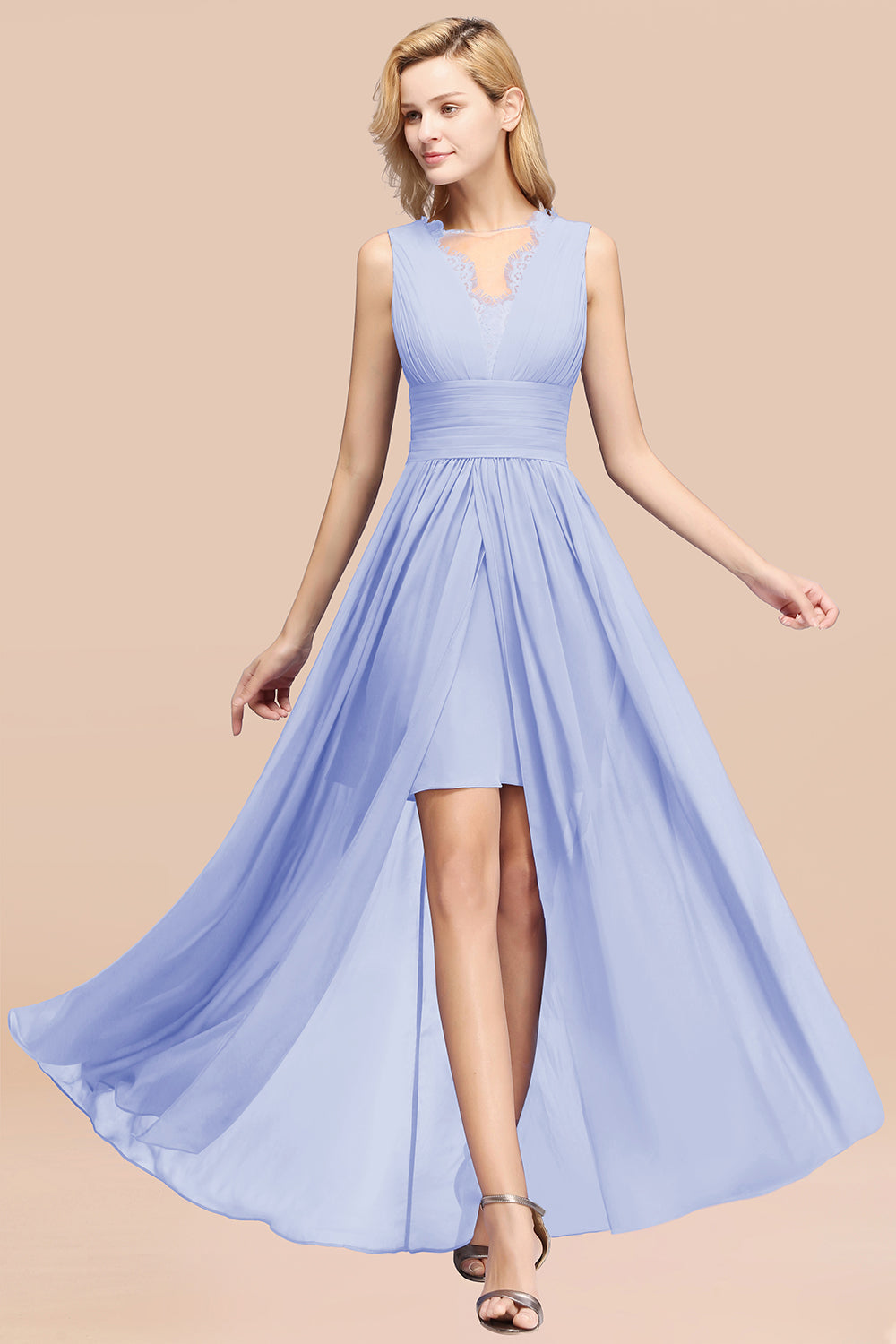 Elegant Chiffon Lace Jewel Sleeveless Bridesmaid Dresses with Ruffle