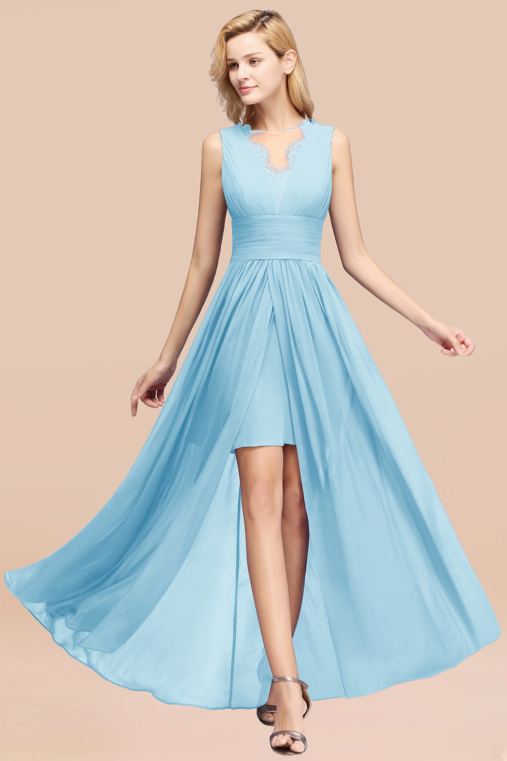 Elegant Chiffon Lace Jewel Sleeveless Bridesmaid Dresses with Ruffle