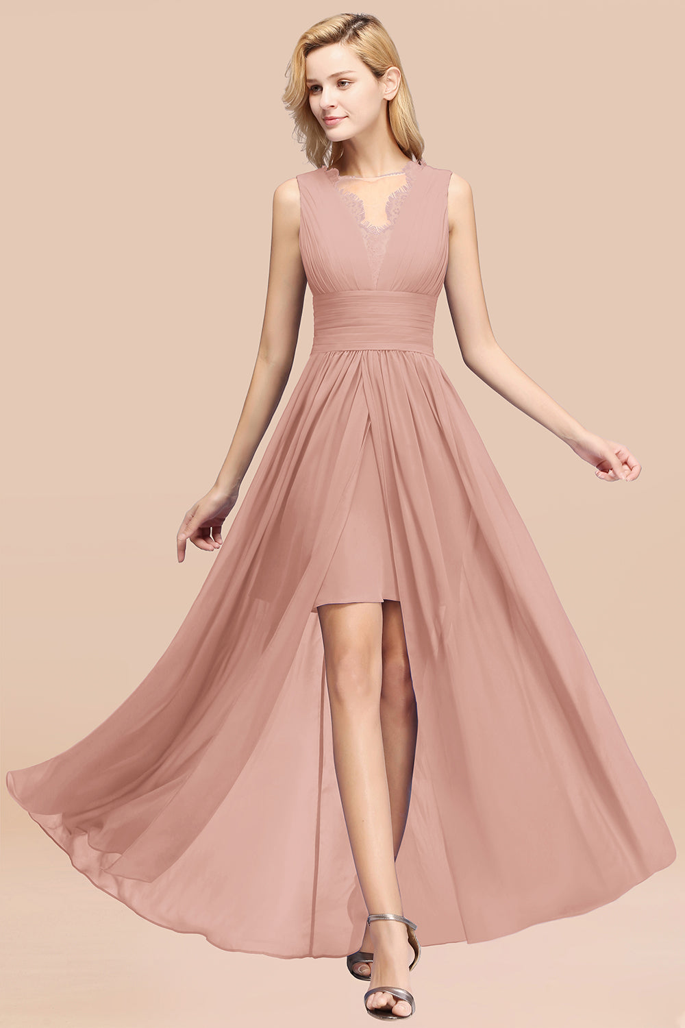 Elegant Chiffon Lace Jewel Sleeveless Bridesmaid Dresses with Ruffle - Fashionpara