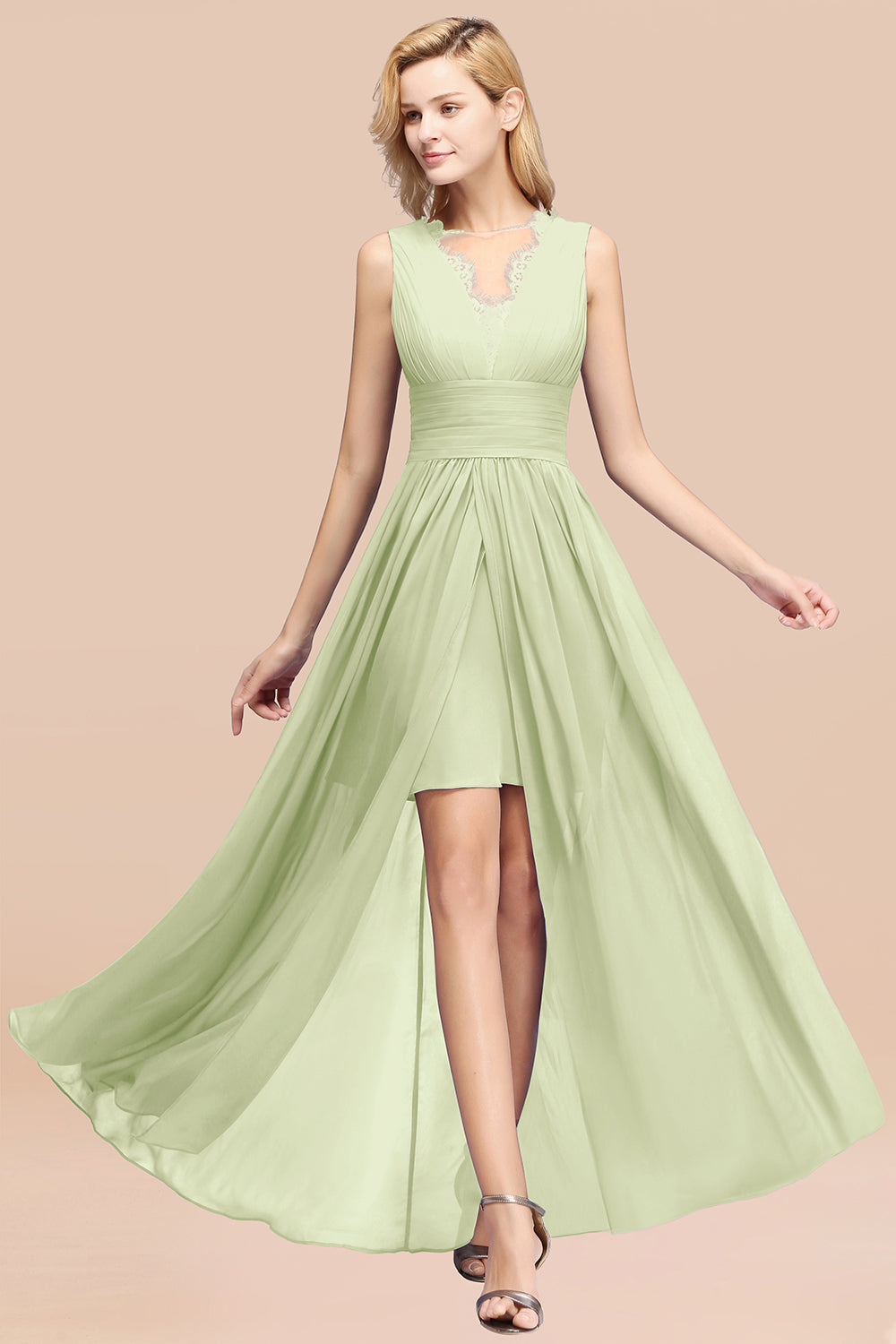 Elegant Chiffon Lace Jewel Sleeveless Bridesmaid Dresses with Ruffle