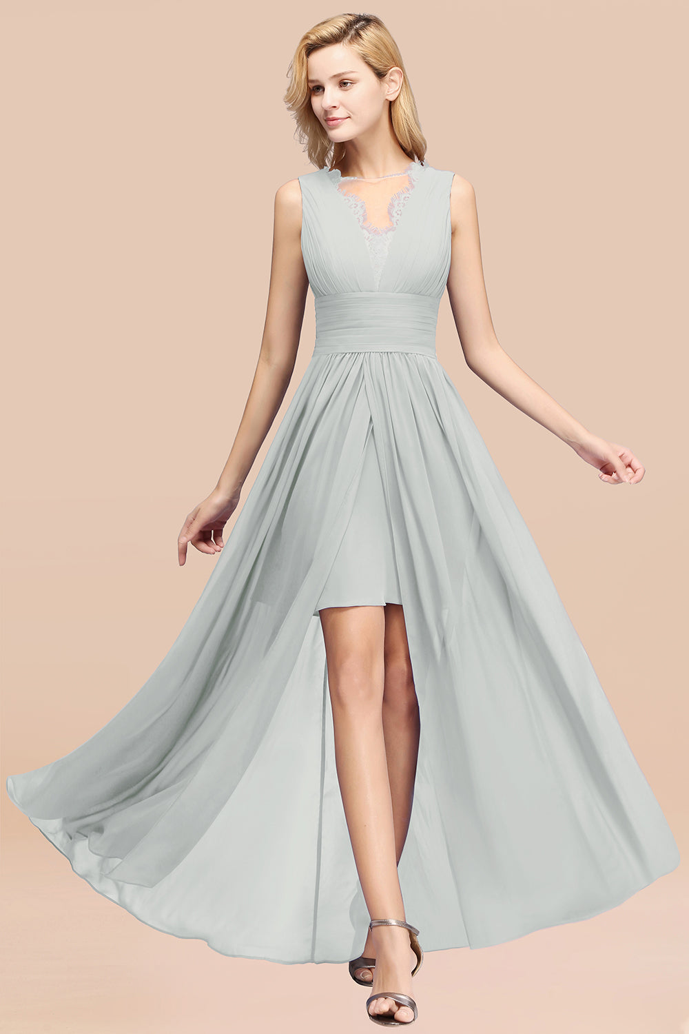 Elegant Chiffon Lace Jewel Sleeveless Bridesmaid Dresses with Ruffle