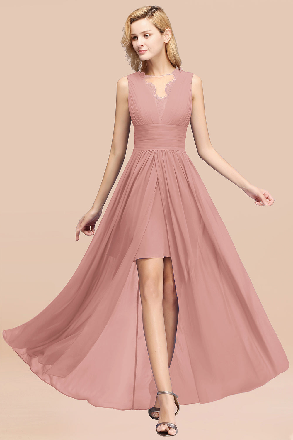 Elegant Chiffon Lace Jewel Sleeveless Bridesmaid Dresses with Ruffle