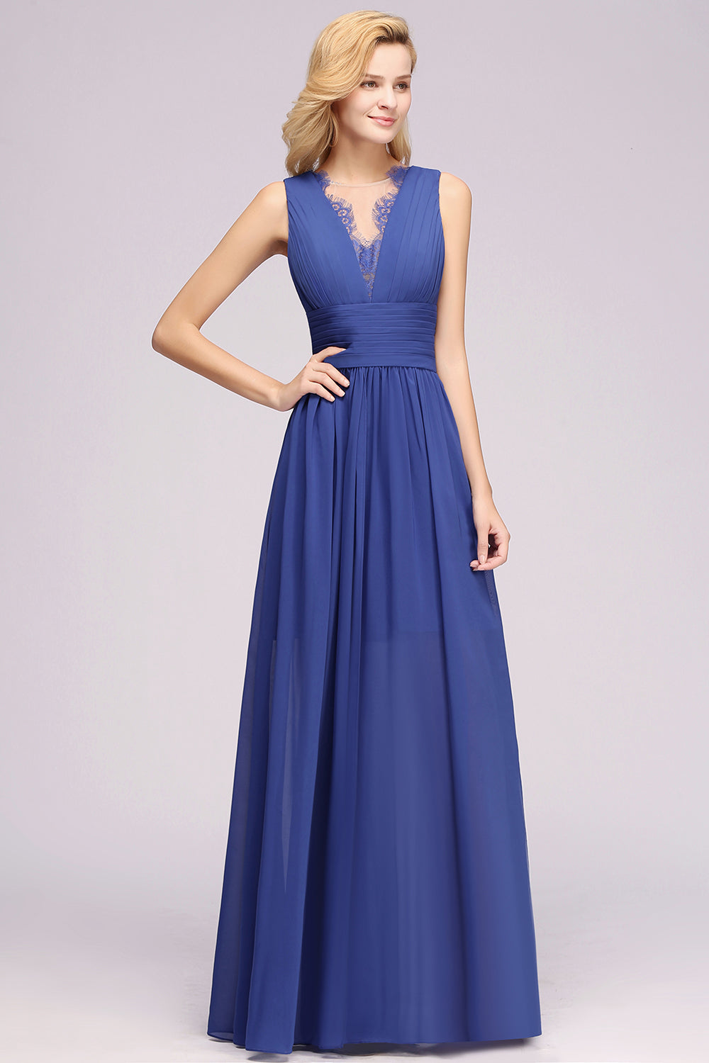 Elegant Chiffon Lace Jewel Sleeveless Bridesmaid Dresses with Ruffle