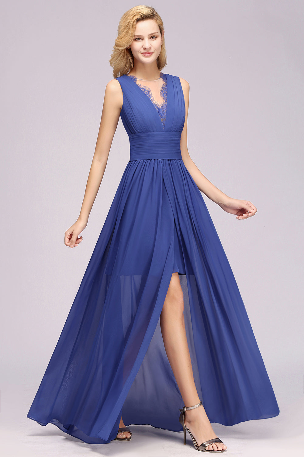 Elegant Chiffon Lace Jewel Sleeveless Bridesmaid Dresses with Ruffle