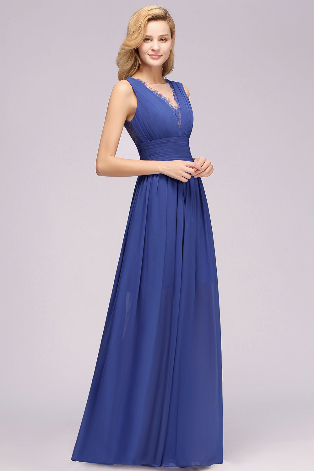 Elegant Chiffon Lace Jewel Sleeveless Bridesmaid Dresses with Ruffle