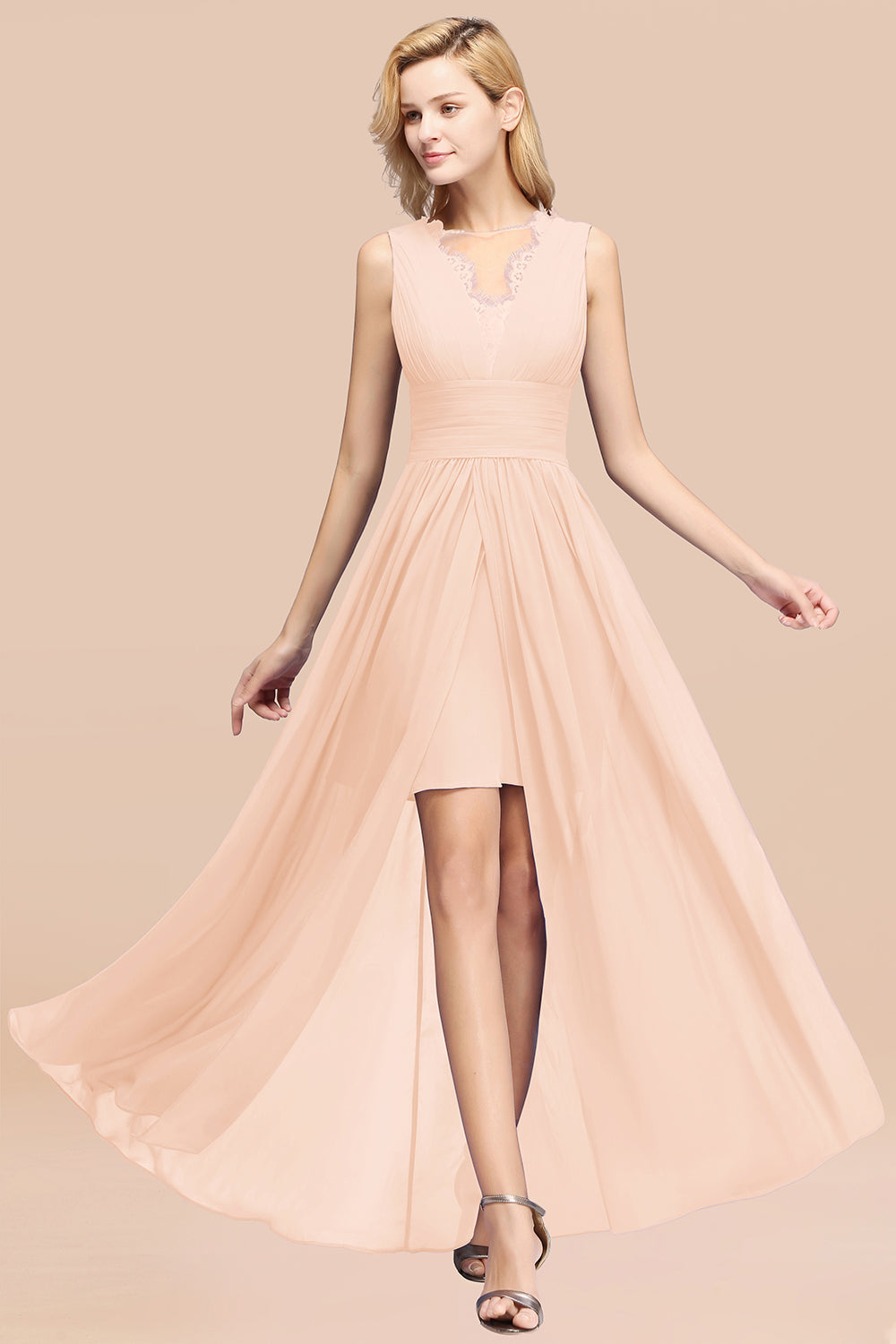 Elegant Chiffon Lace Jewel Sleeveless Bridesmaid Dresses with Ruffle