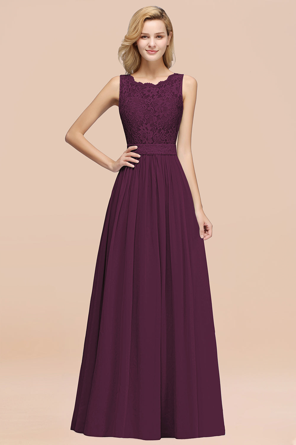 Elegant Chiffon Lace Scalloped Sleeveless Ruffle Bridesmaid dresses