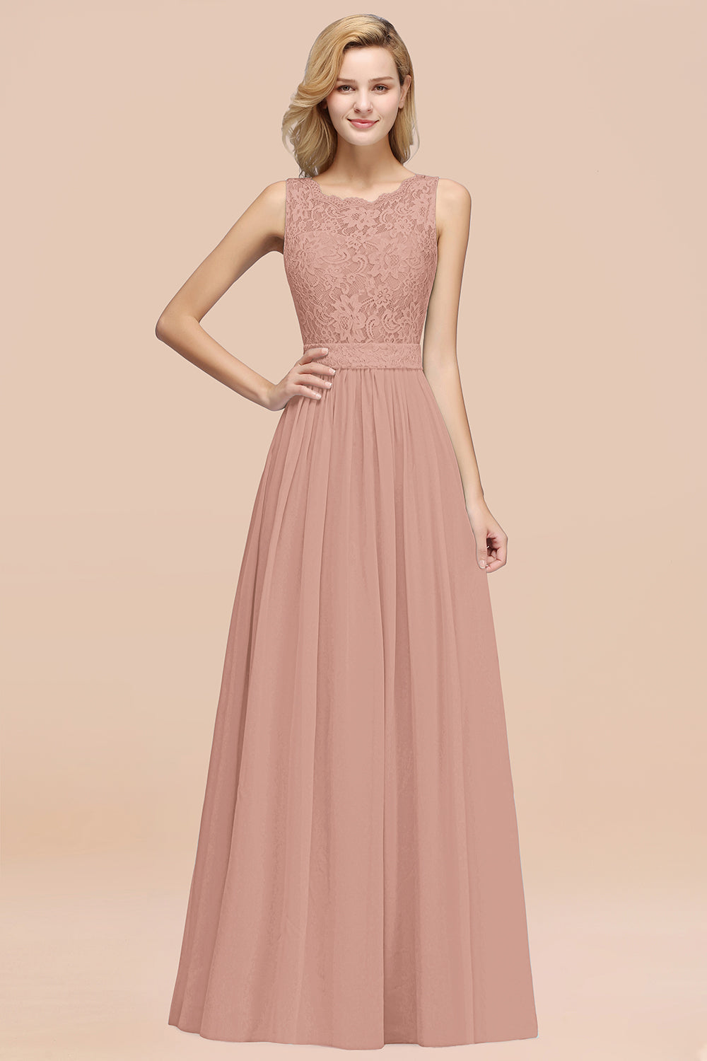 Elegant Chiffon Lace Scalloped Sleeveless Ruffle Bridesmaid dresses - Fashionpara