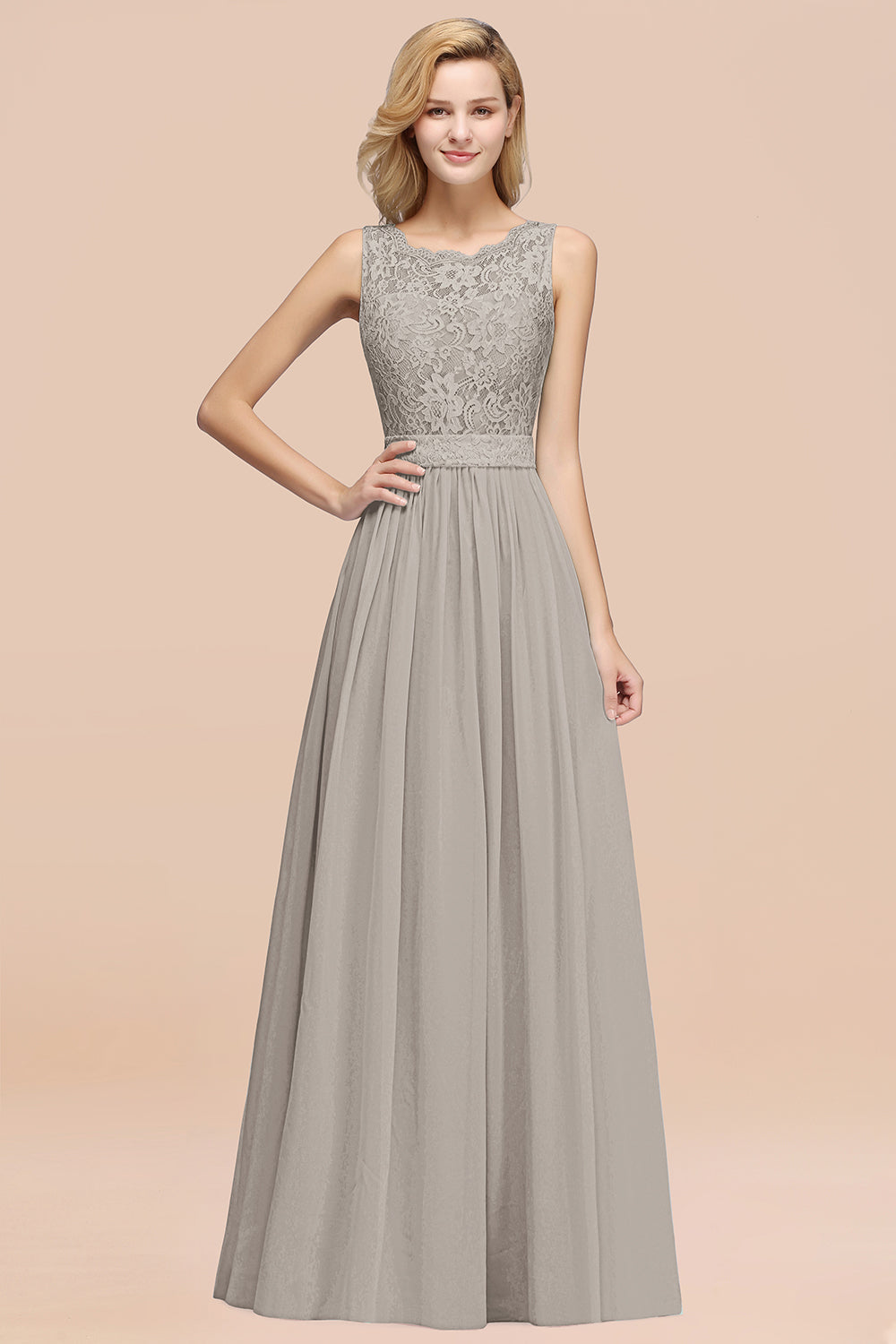 Elegant Chiffon Lace Scalloped Sleeveless Ruffle Bridesmaid dresses