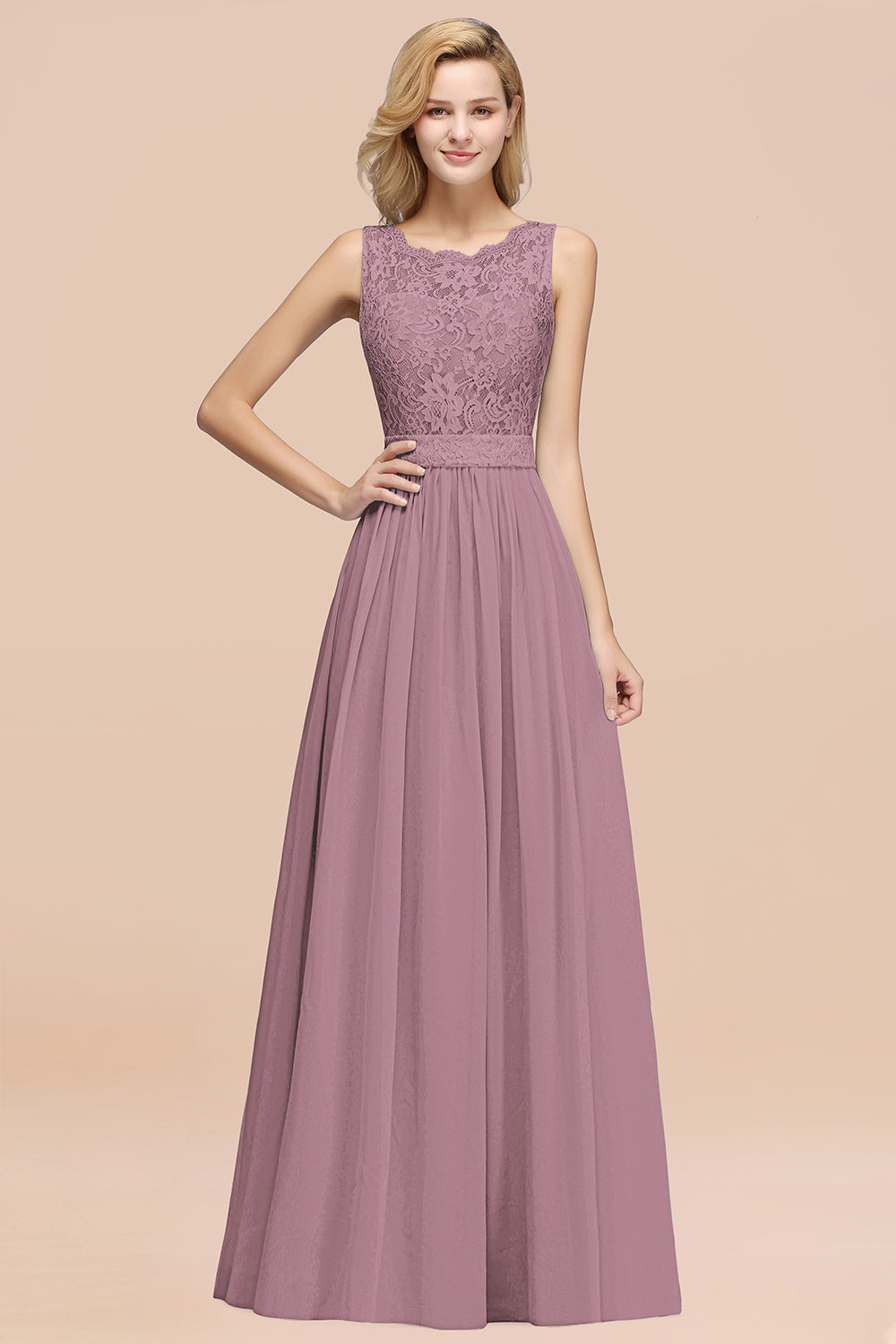 Elegant Chiffon Lace Scalloped Sleeveless Ruffle Bridesmaid dresses