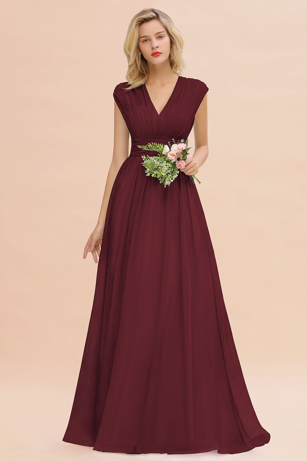 Elegant Chiffon V-Neck Ruffle Long Bridesmaid dresses Affordable - Fashionpara