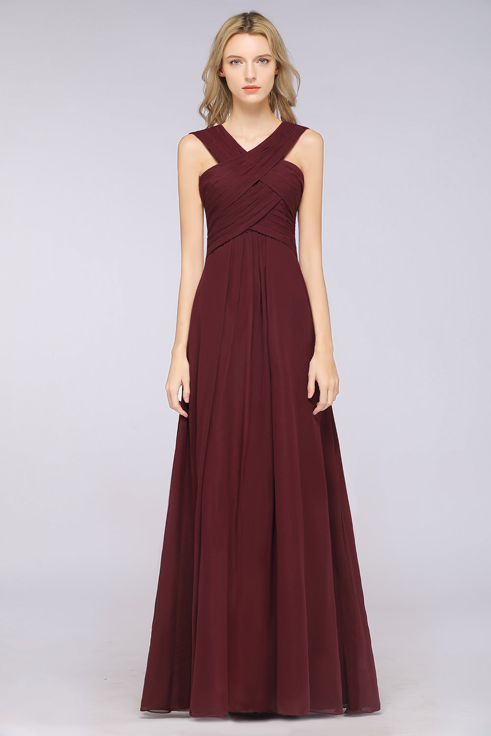 Elegant Chiffon V-Neck Straps Crisscross Burgundy Bridesmaid Dresses with Ruffle