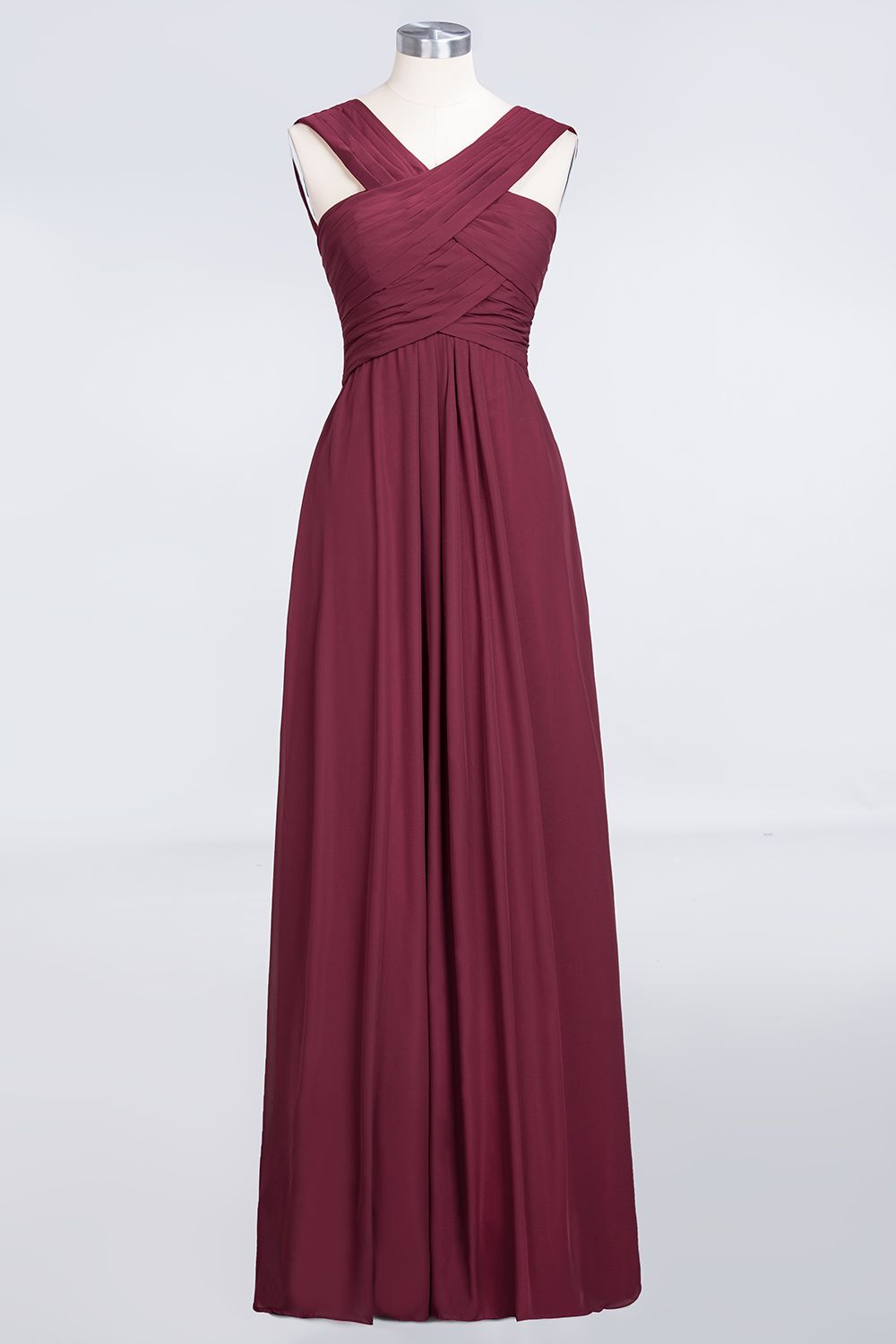 Elegant Chiffon V-Neck Straps Crisscross Burgundy Bridesmaid Dresses with Ruffle