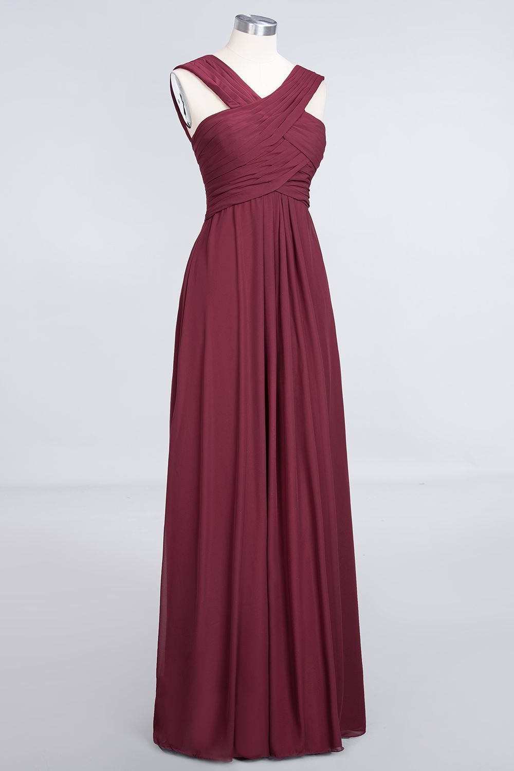 Elegant Chiffon V-Neck Straps Crisscross Burgundy Bridesmaid Dresses with Ruffle