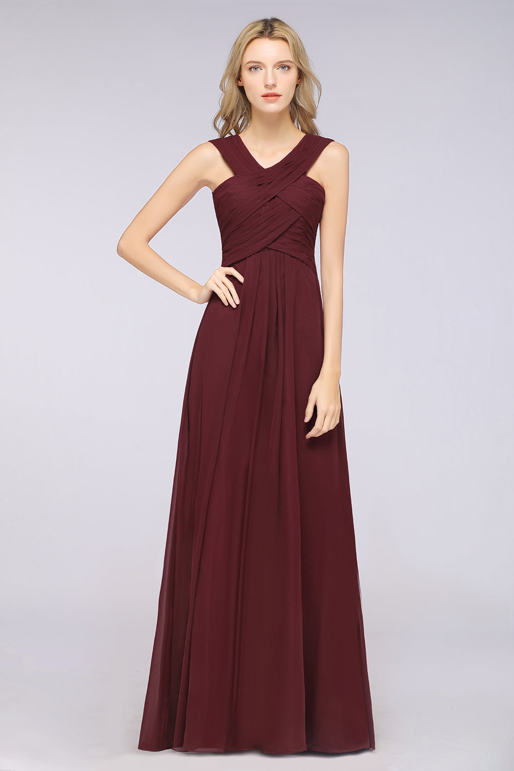 Elegant Chiffon V-Neck Straps Crisscross Burgundy Bridesmaid Dresses with Ruffle