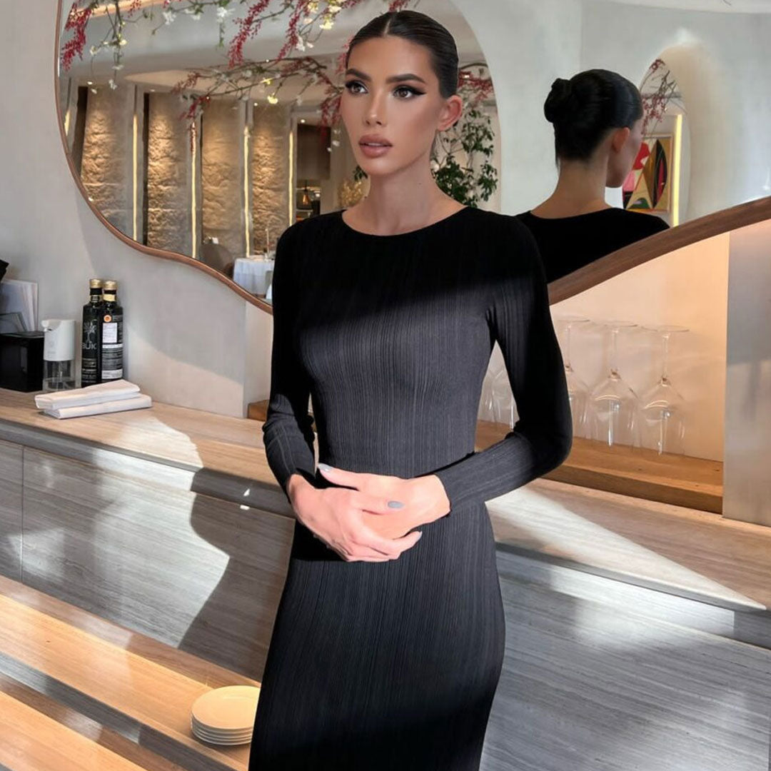 Elegant Crew Neck Long Sleeve Bodycon Ribbed Knit Sweater Maxi Dress