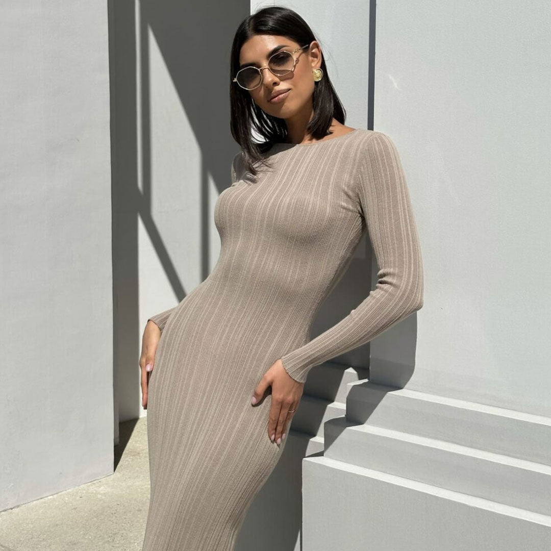 Elegant Crew Neck Long Sleeve Bodycon Ribbed Knit Sweater Maxi Dress