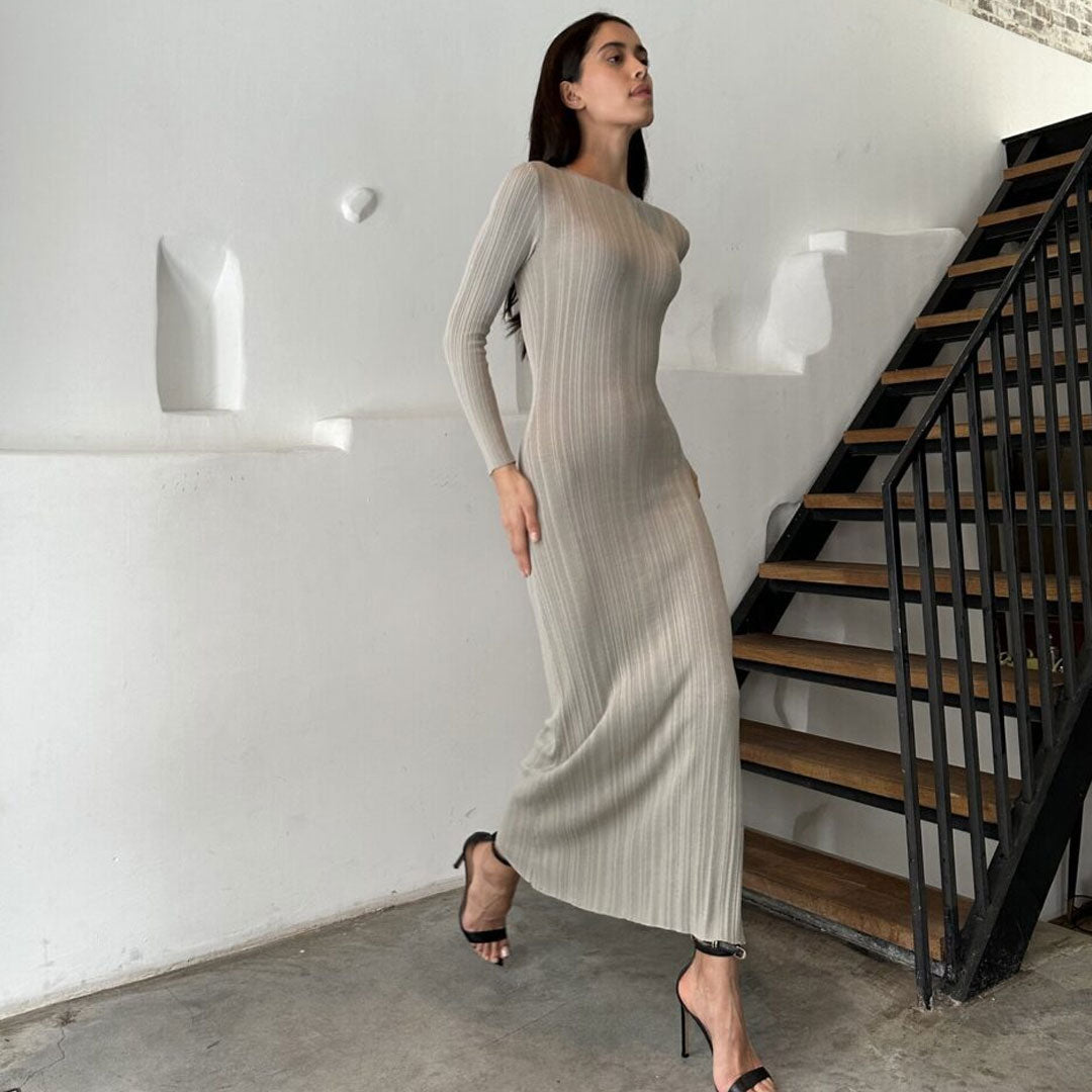 Elegant Crew Neck Long Sleeve Bodycon Ribbed Knit Sweater Maxi Dress