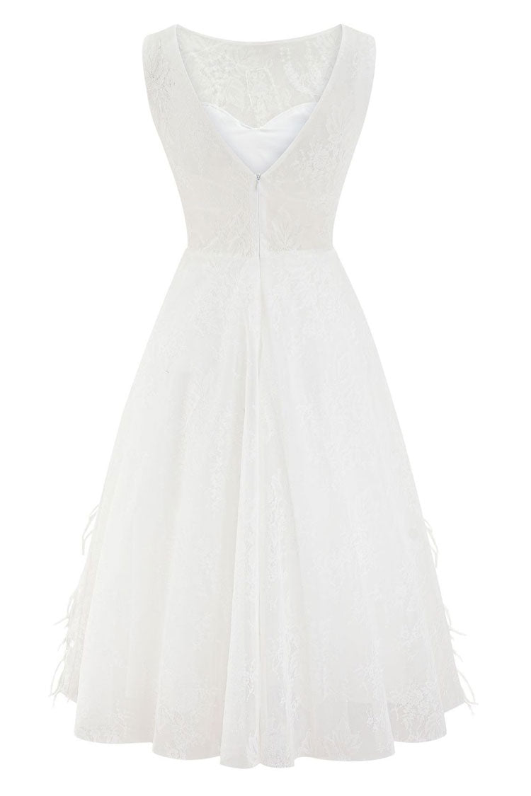 Elegant Crew Neck Sleeveless Beaded Feather Cocktail Party Midi Dress - White