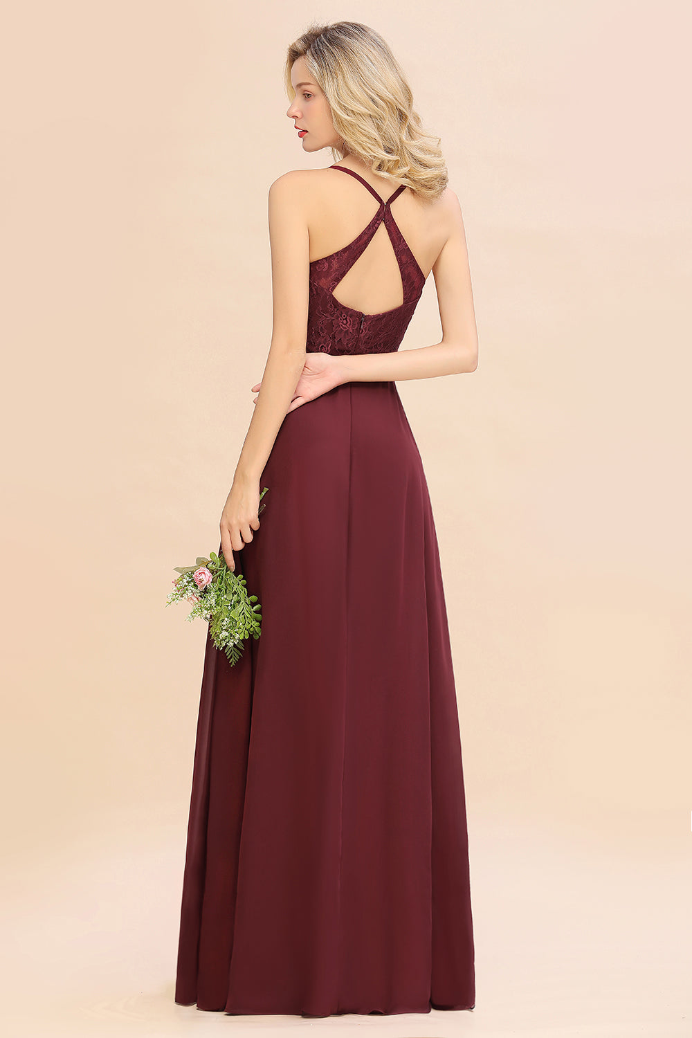 Elegant CrissCross Back Burgundy Lace Bridesmaid Dresses With Spaghetti Straps