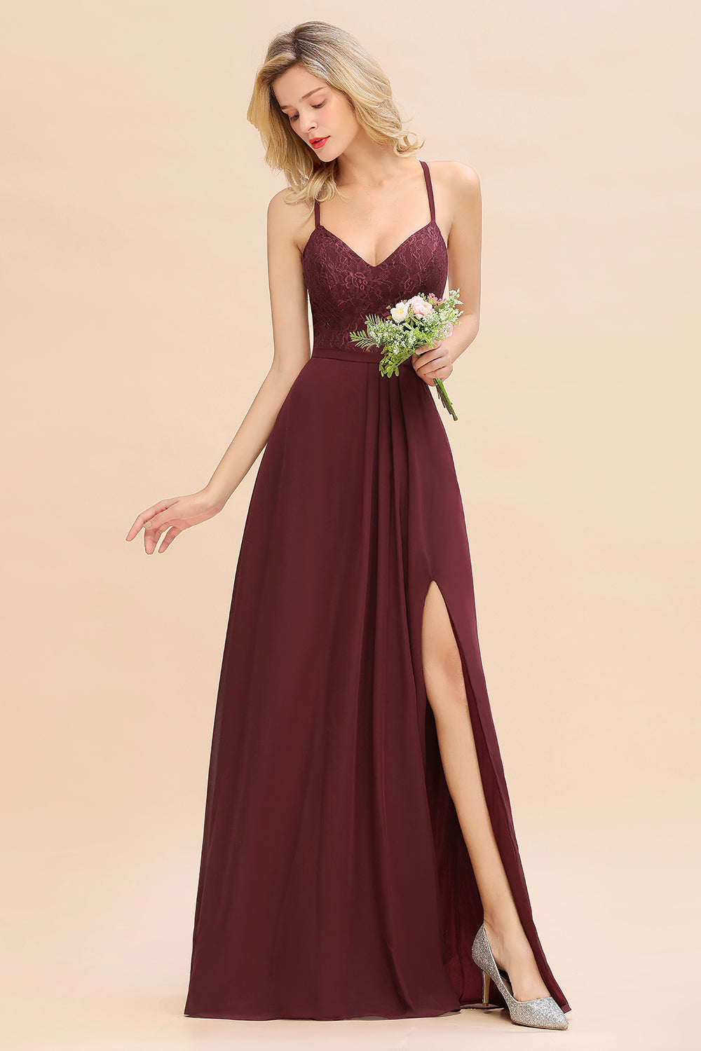 Elegant CrissCross Back Burgundy Lace Bridesmaid Dresses With Spaghetti Straps