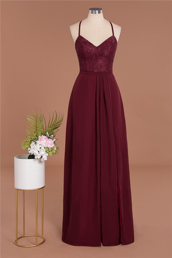 Elegant CrissCross Back Burgundy Lace Bridesmaid Dresses With Spaghetti Straps