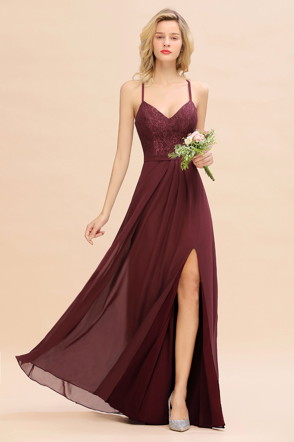 Elegant CrissCross Back Burgundy Lace Bridesmaid Dresses With Spaghetti Straps