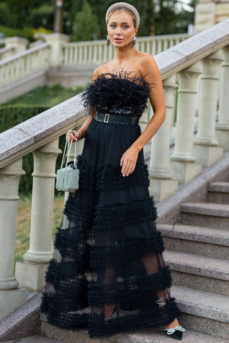 Elegant Feather Strapless Sequin Tiered Ruffle Tulle Evening Maxi Dress - Black - Fashionpara