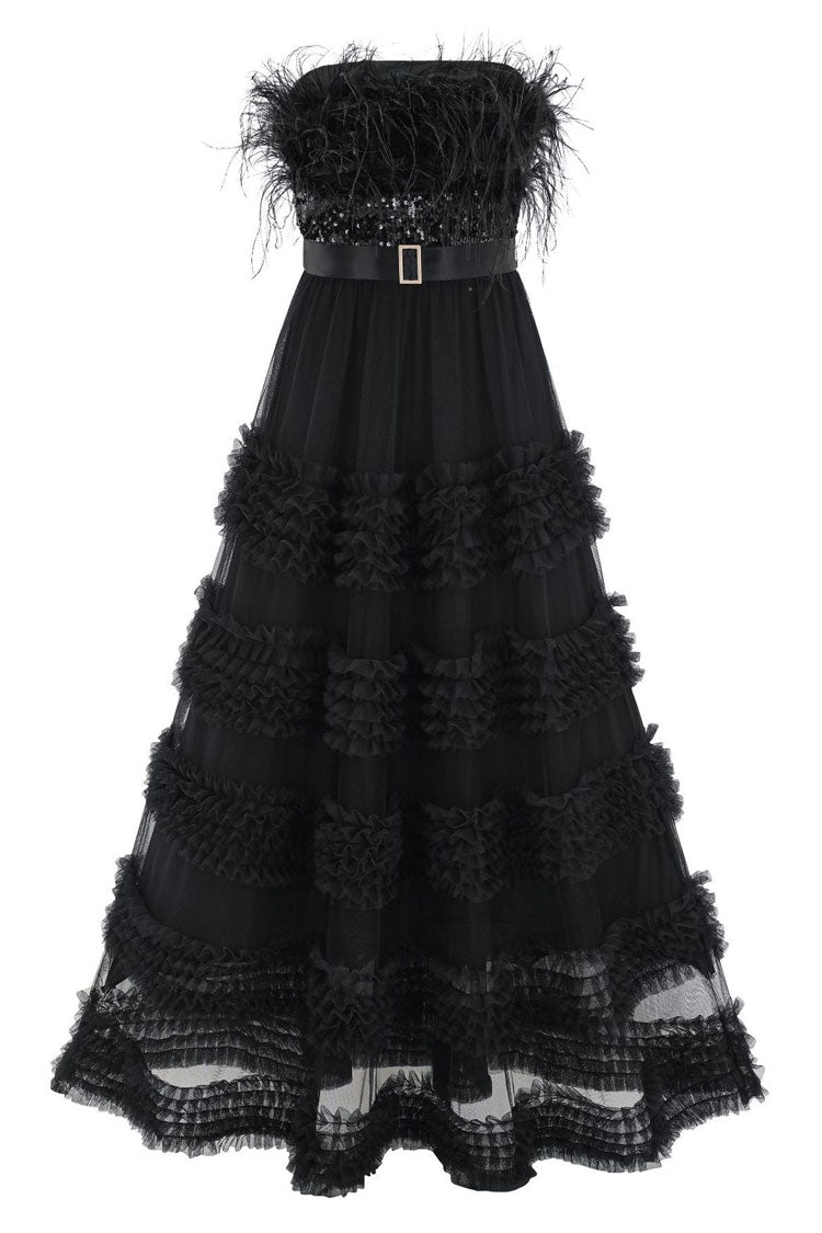 Elegant Feather Strapless Sequin Tiered Ruffle Tulle Evening Maxi Dress - Black - Fashionpara