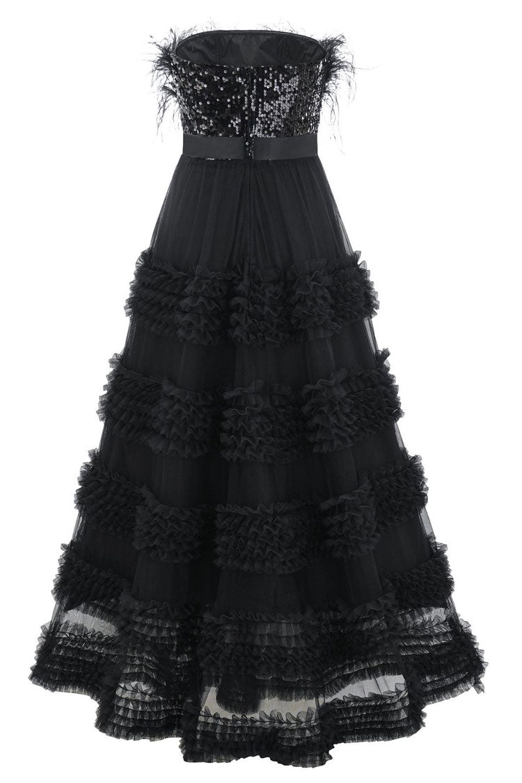 Elegant Feather Strapless Sequin Tiered Ruffle Tulle Evening Maxi Dress - Black