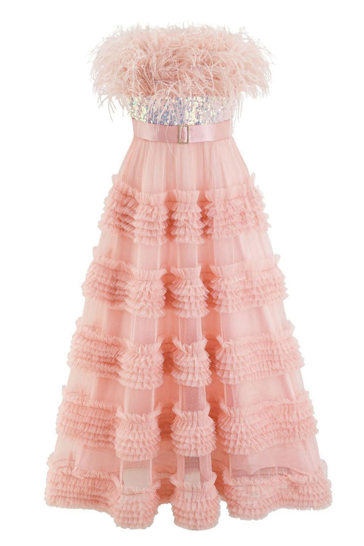 Elegant Feather Strapless Sequin Tiered Ruffle Tulle Evening Maxi Dress - Pink - Fashionpara