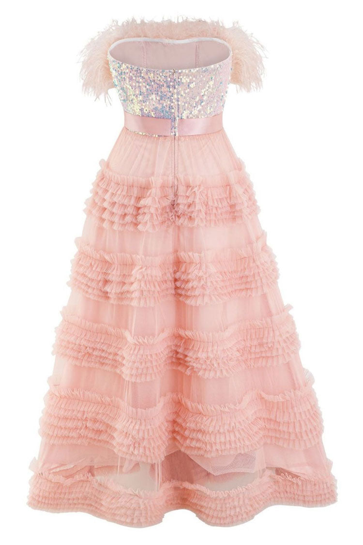 Elegant Feather Strapless Sequin Tiered Ruffle Tulle Evening Maxi Dress - Pink - Fashionpara