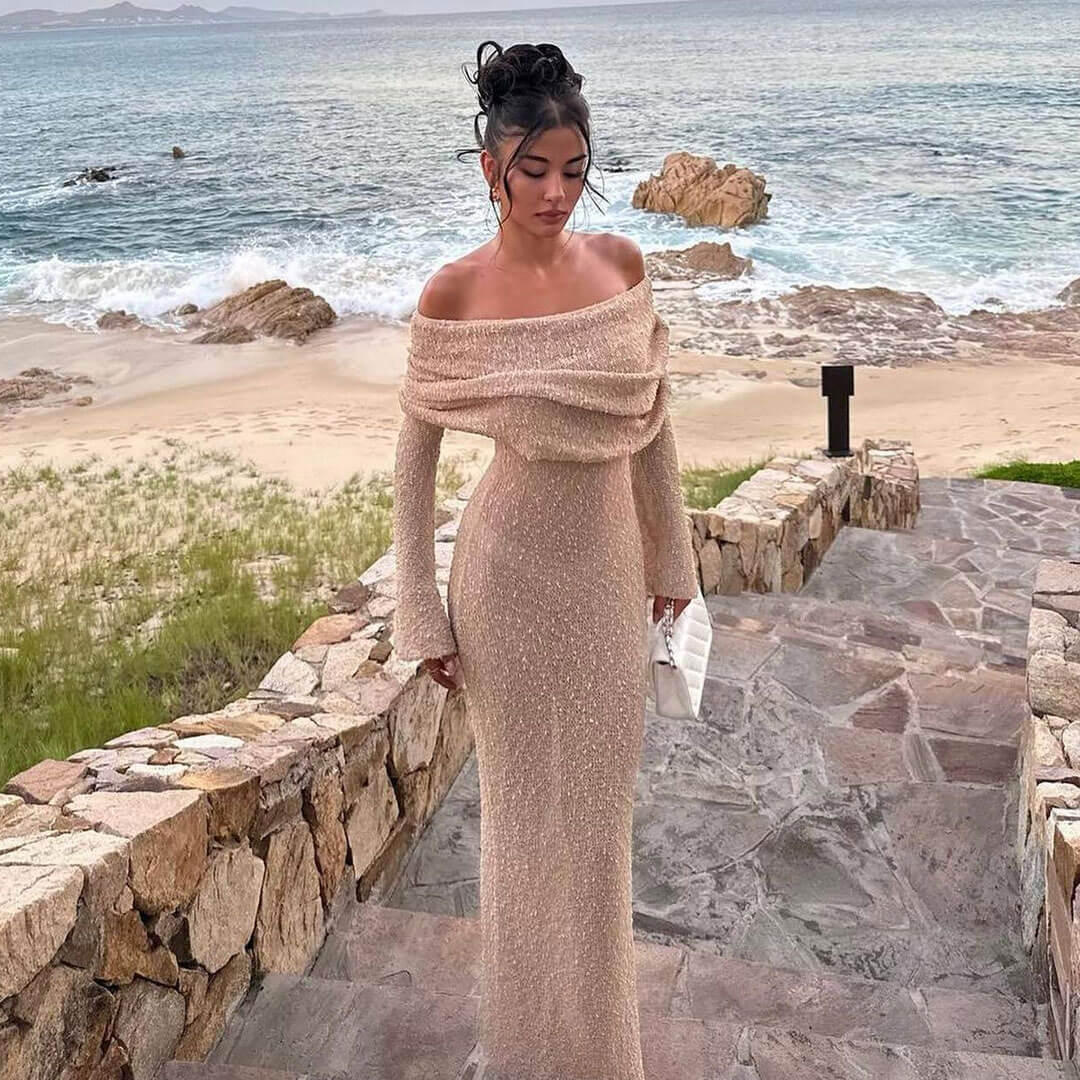 Elegant Foldover Off Shoulder Long Sleeve Popcorn Boucle Sheer Knit Maxi Dress