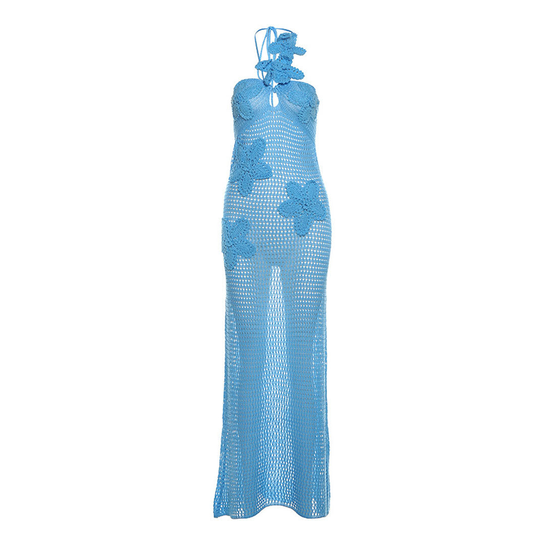 Elegant Halter Cutout Floral Applique Crochet Knit Maxi Vacation Dress