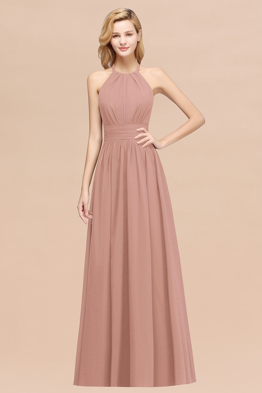 Elegant High-Neck Halter Long Affordable Bridesmaid dresses with Ruffles - Fashionpara