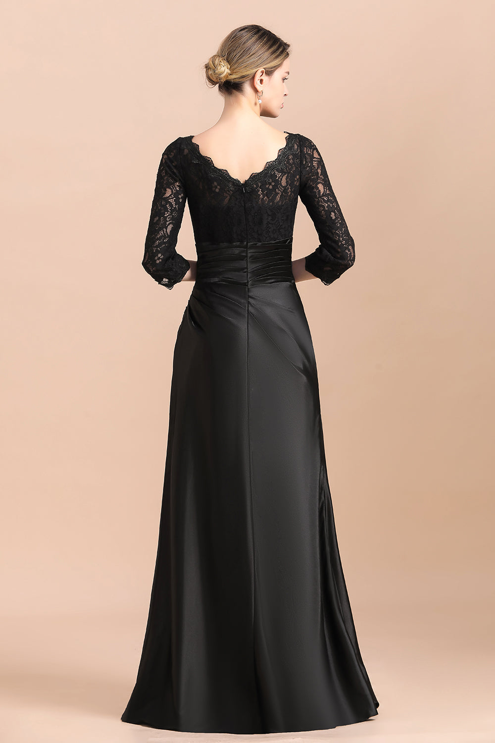 Elegant Jewel 3/4 Sleeves Black Satin Lace Ruffles Mother of Bride Dress On Sale - Fashionpara