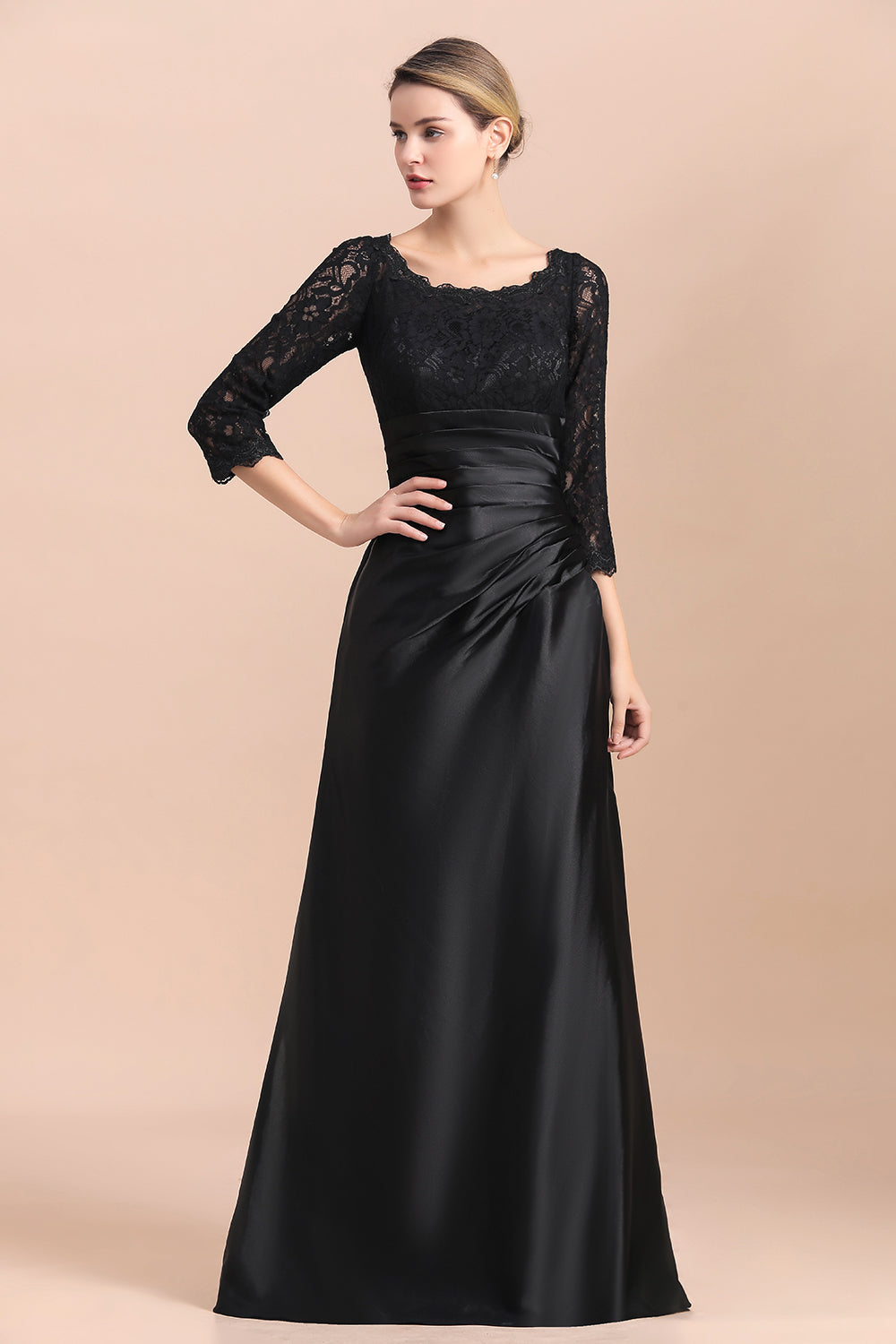 Elegant Jewel 3/4 Sleeves Black Satin Lace Ruffles Mother of Bride Dress On Sale - Fashionpara