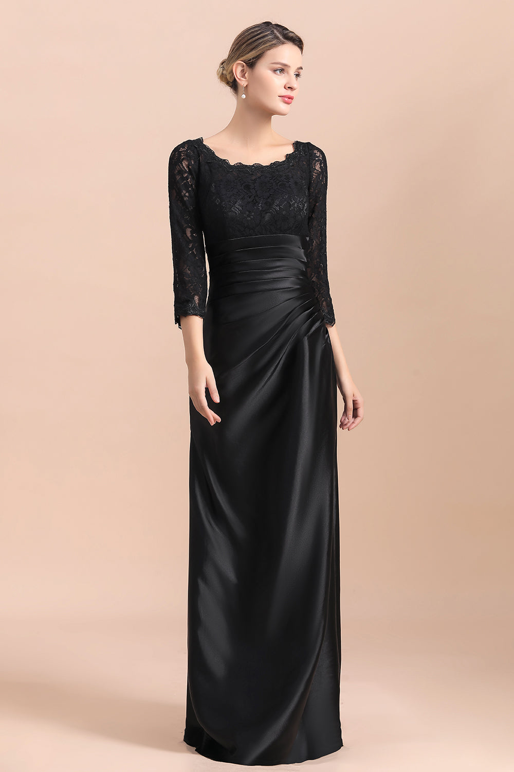 Elegant Jewel 3/4 Sleeves Black Satin Lace Ruffles Mother of Bride Dress On Sale - Fashionpara