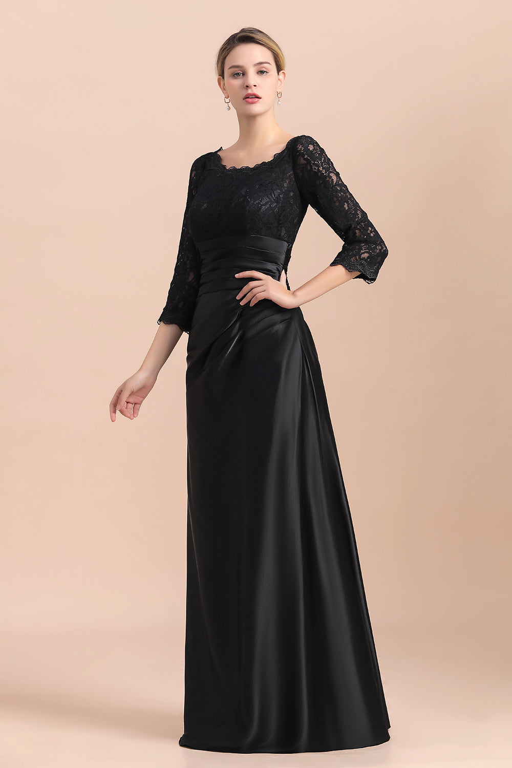 Elegant Jewel 3/4 Sleeves Black Satin Lace Ruffles Mother of Bride Dress On Sale - Fashionpara