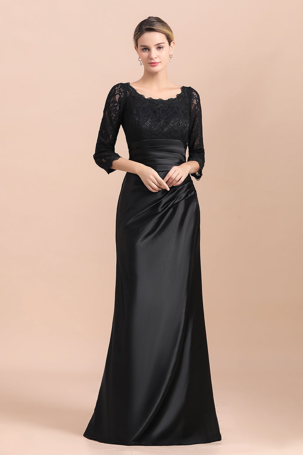 Elegant Jewel 3/4 Sleeves Black Satin Lace Ruffles Mother of Bride Dress On Sale - Fashionpara