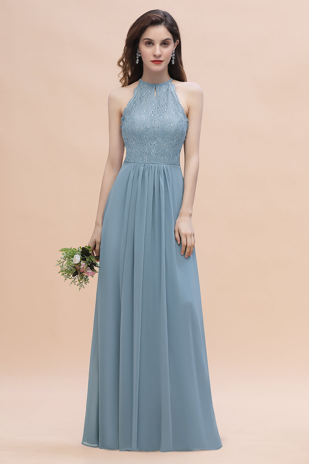 Elegant Jewel Lace Appliques Dusty Blue Chiffon Bridesmaid Dresses On Sale