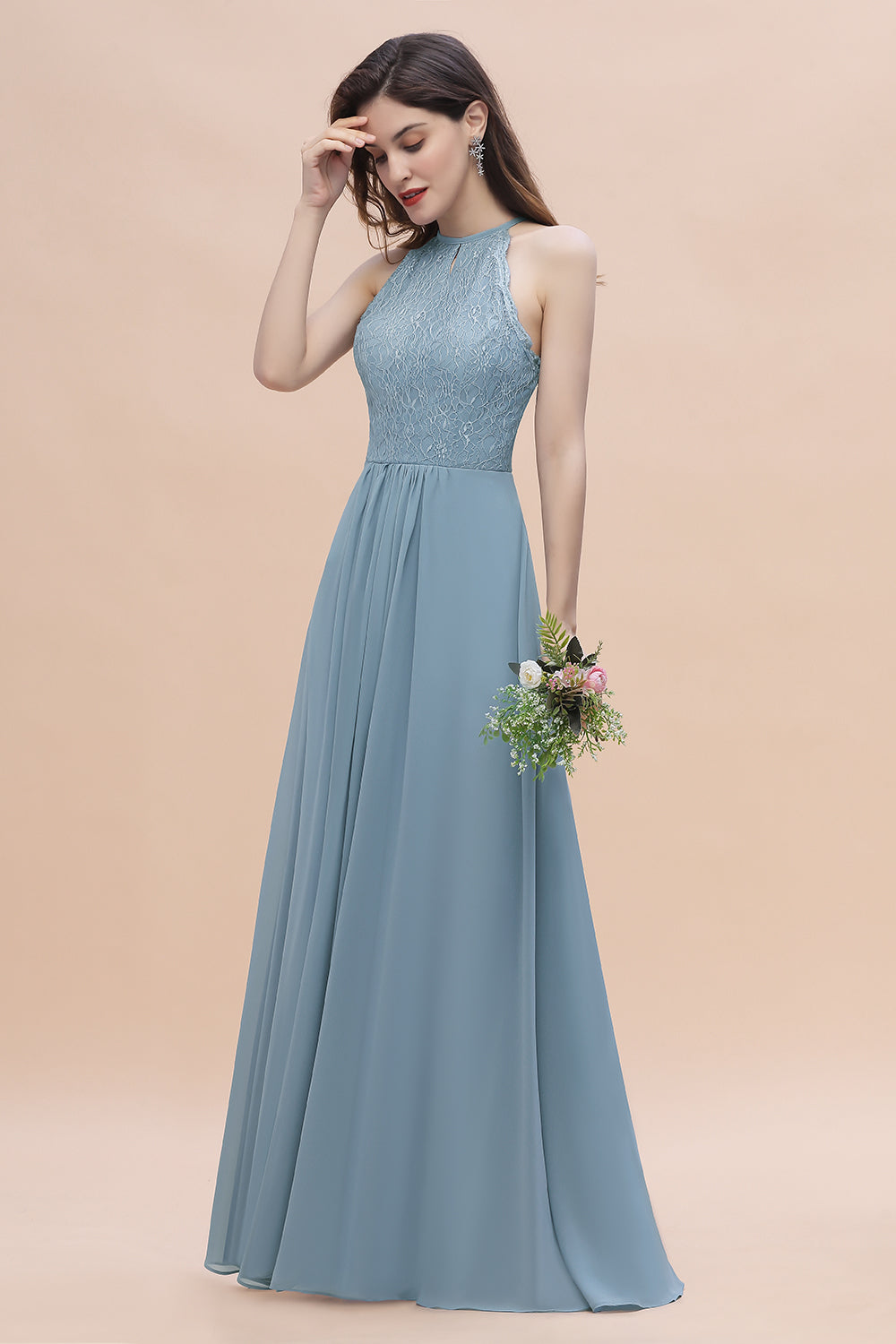 Elegant Jewel Lace Appliques Dusty Blue Chiffon Bridesmaid Dresses On Sale