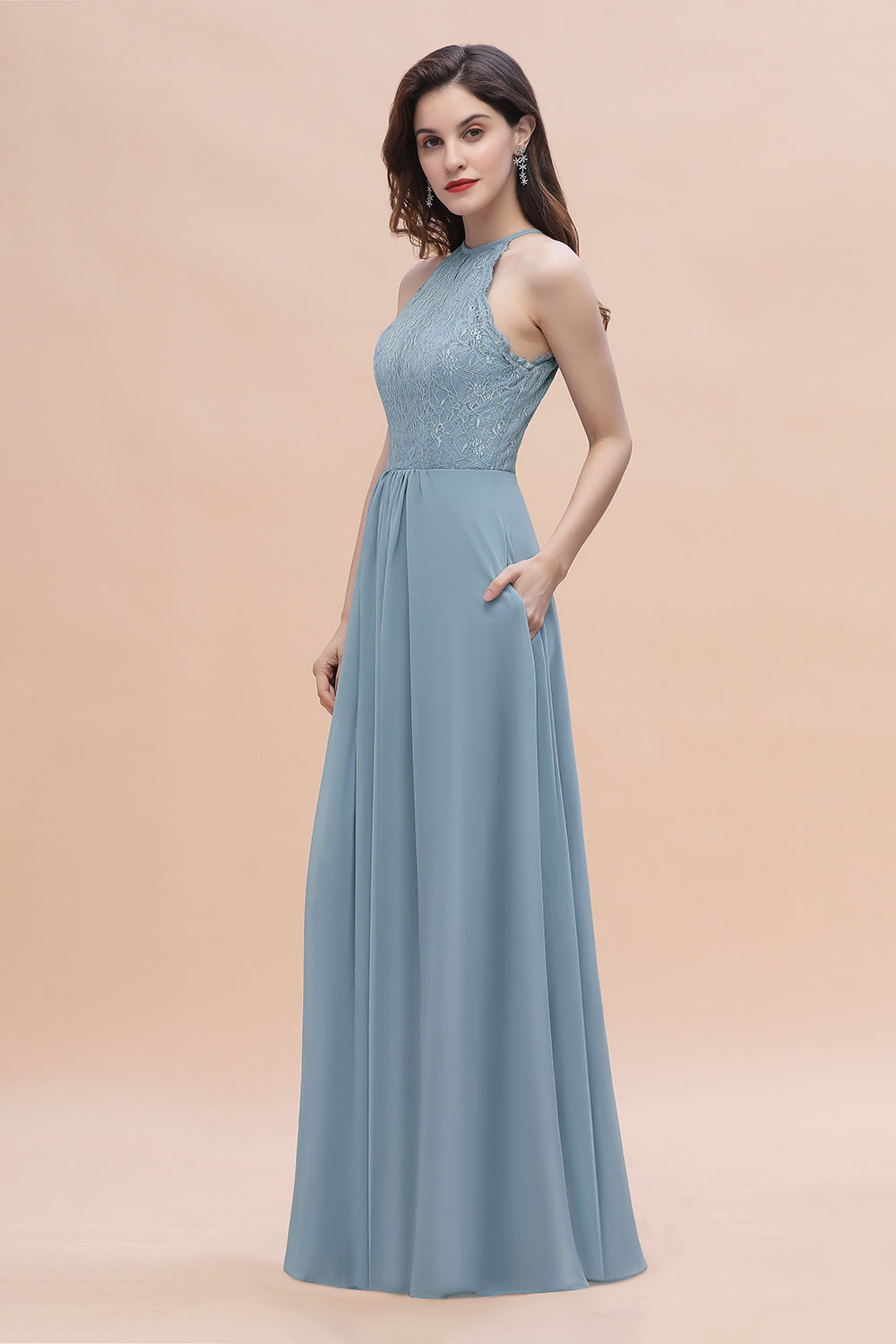 Elegant Jewel Lace Appliques Dusty Blue Chiffon Bridesmaid Dresses On Sale