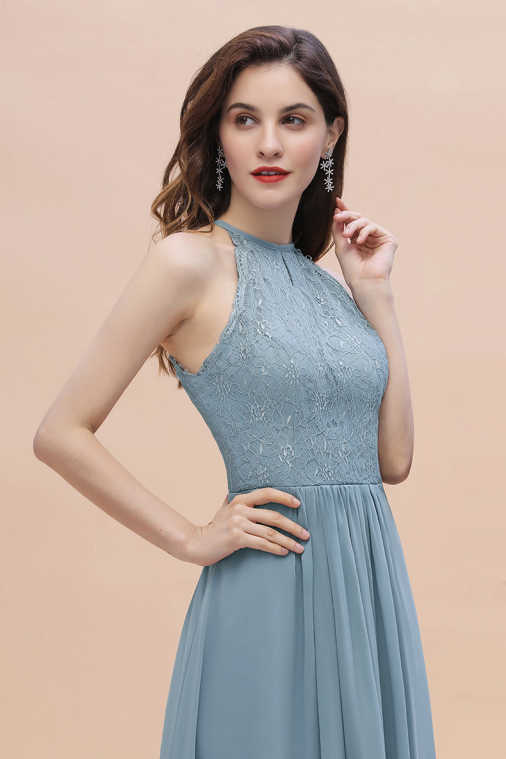 Elegant Jewel Lace Appliques Dusty Blue Chiffon Bridesmaid Dresses On Sale