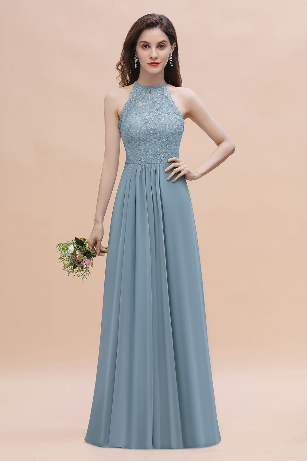 Elegant Jewel Lace Appliques Dusty Blue Chiffon Bridesmaid Dresses On Sale