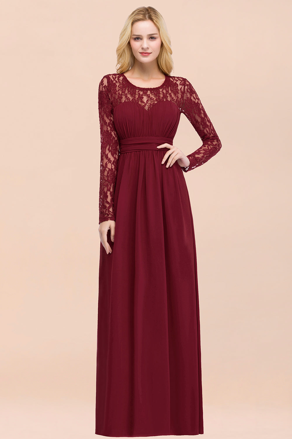 Elegant Lace Burgundy Bridesmaid dresses with Long Sleeves