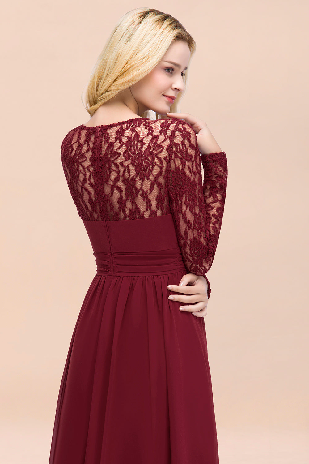 Elegant Lace Burgundy Bridesmaid dresses with Long Sleeves