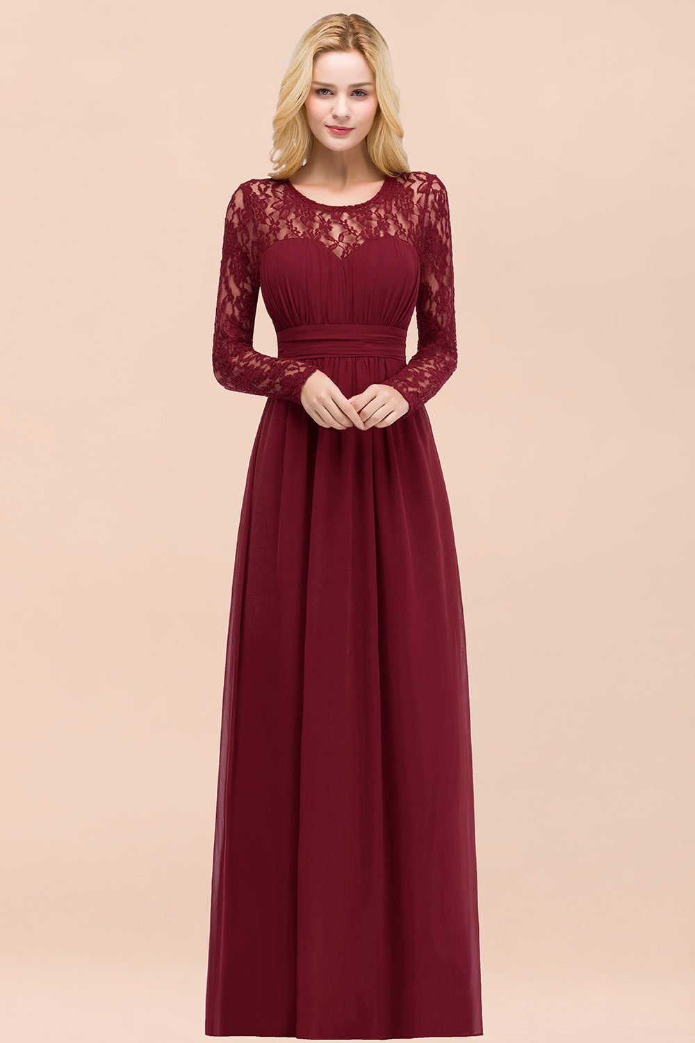 Elegant Lace Burgundy Bridesmaid dresses with Long Sleeves